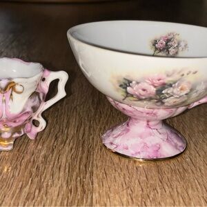 3 vintage pink floral teacups tea party box Am